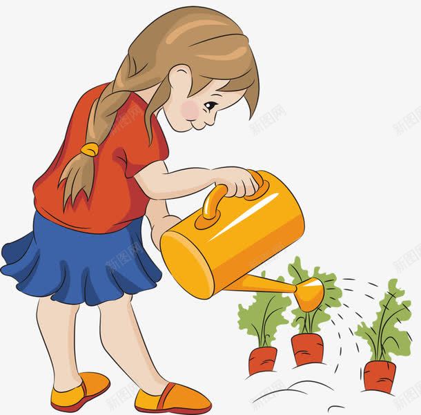 浇水的小女孩png免抠素材_新图网 https://ixintu.com 卡通 小女孩 手绘 洒水壶 胡萝卜