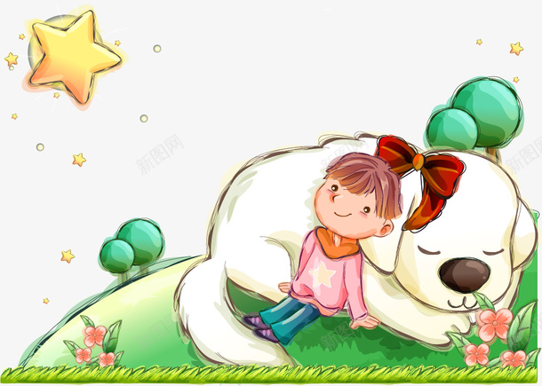 小女孩靠着白色大狗png免抠素材_新图网 https://ixintu.com 可爱 小女孩 手绘 狗与人 白色大狗 装饰插图 靠着