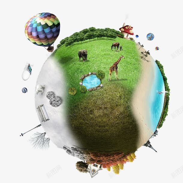 创意地球元素png免抠素材_新图网 https://ixintu.com 创意 动物 地球 地球仪 热气球