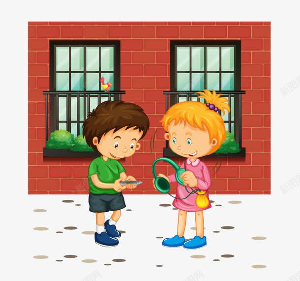 卡通儿童插画png免抠素材_新图网 https://ixintu.com 低着头的男孩 拿着耳麦的女孩 站立的女孩