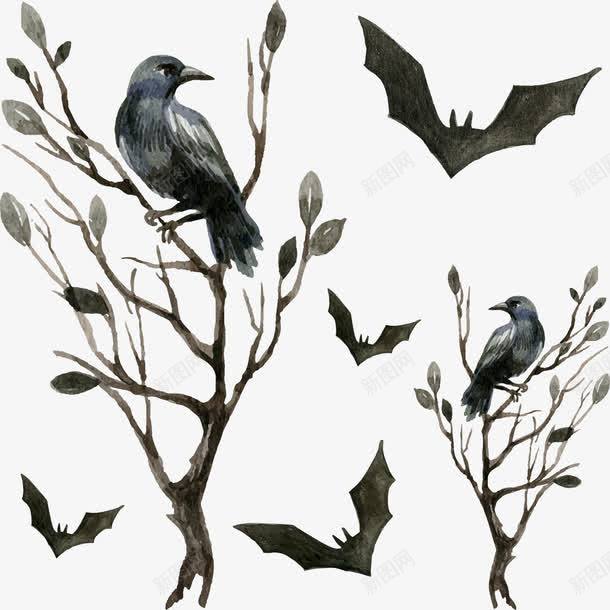 手绘乌鸦png免抠素材_新图网 https://ixintu.com 乌鸦 手绘 插画 树枝 水彩 蝙蝠 黑色