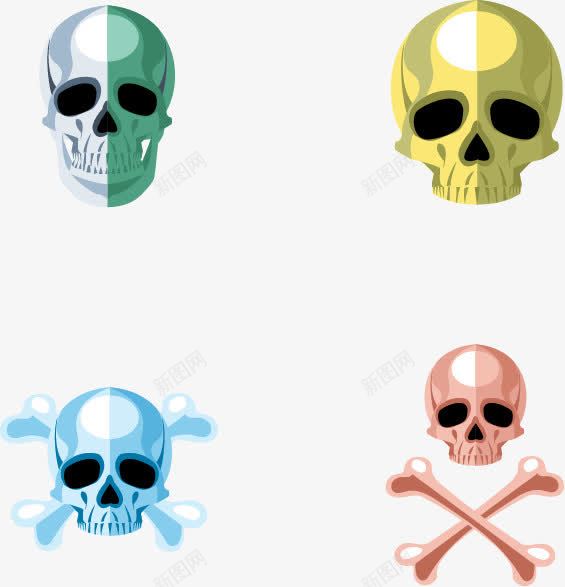 四个骷髅标志png免抠素材_新图网 https://ixintu.com 庞克风 朋克风 矢量素材 粉色骷髅 蓝色骷髅 骷髅