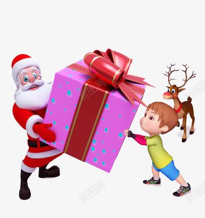 卡通小孩接过圣诞老人送的大礼物png免抠素材_新图网 https://ixintu.com 卡通 圣诞老人 小孩 礼物