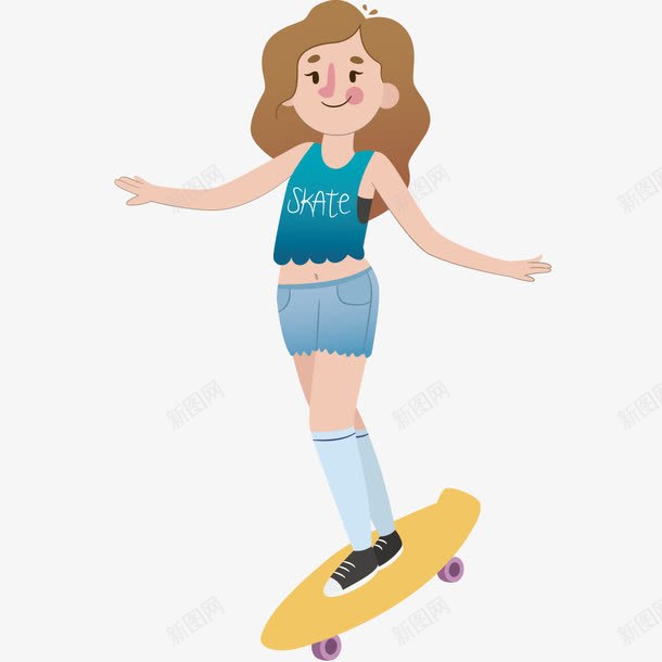快乐滑板的长发女孩png免抠素材_新图网 https://ixintu.com 卷发 滑板 短裤 蓝色背心 运动