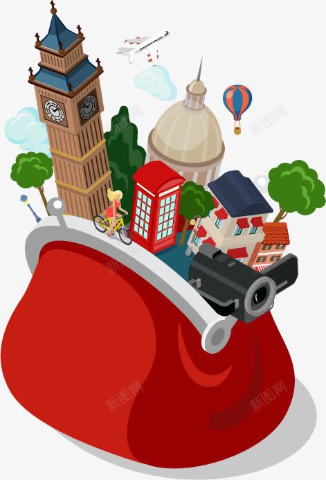 伦敦旅游png免抠素材_新图网 https://ixintu.com 伦敦旅游 化妆包 城堡 树木 相机 等距
