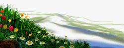 卡通水塘边的青草鲜花风景素材