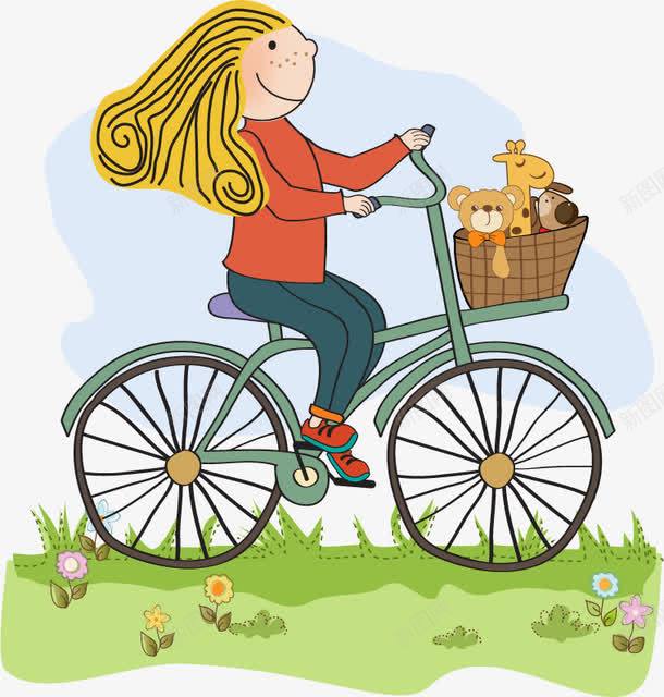 骑单车女孩矢量图eps免抠素材_新图网 https://ixintu.com 卡通可爱 女孩 玩具 自行车 草地 矢量图