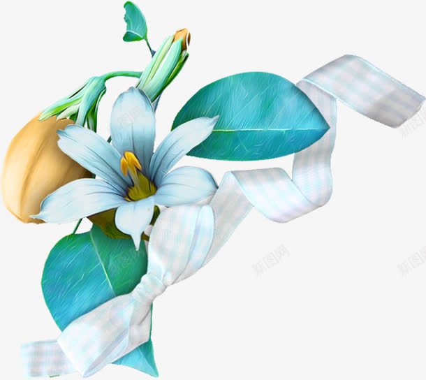 小清新花朵装饰图案png免抠素材_新图网 https://ixintu.com 丝带 小清新 花朵 青蓝色叶子