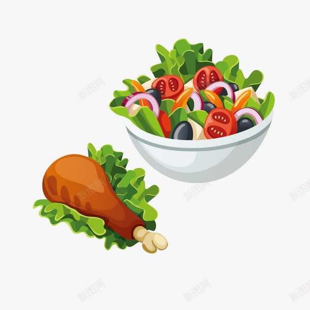 水果沙拉和鸡腿png免抠素材_新图网 https://ixintu.com 水果沙拉 西红柿 鸡腿