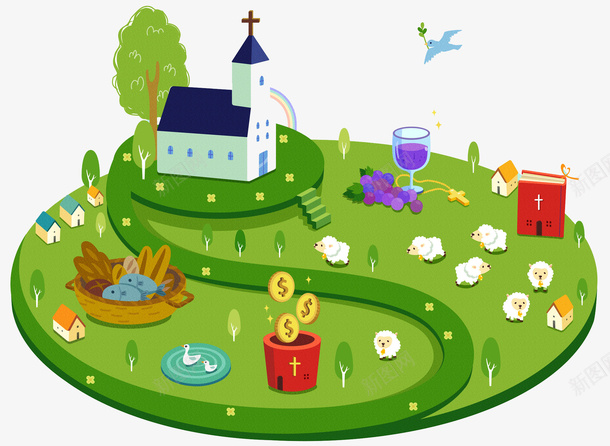 手绘立体房子图png免抠素材_新图网 https://ixintu.com 卡通 房子 手绘 插图 教堂 立体的 绵羊 绿色的