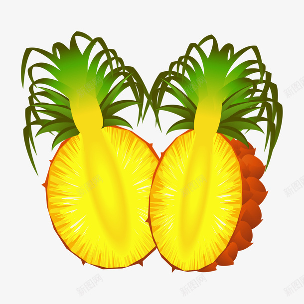 两半菠萝png免抠素材_新图网 https://ixintu.com 卡通 叶子 手绘 水果 简图 红色 绿色 菠萝 黄色