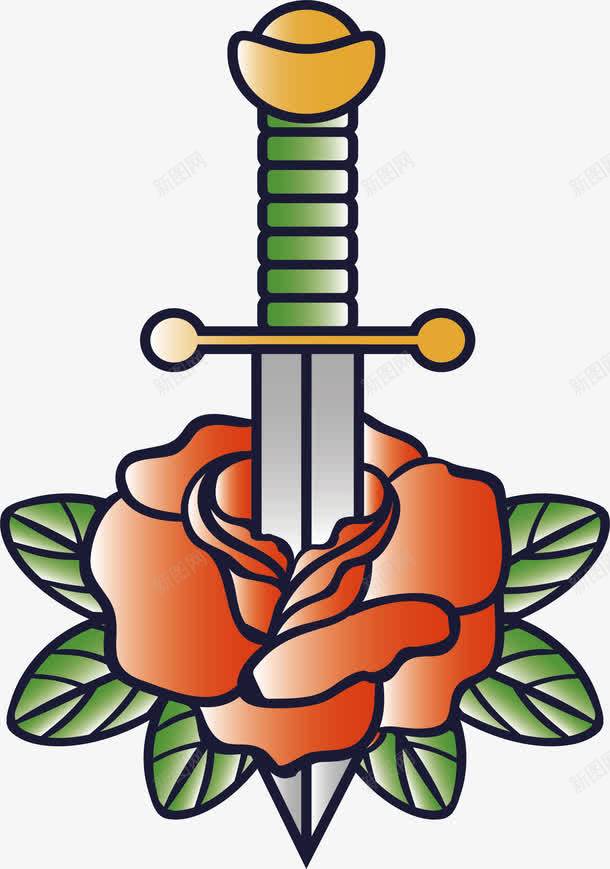 插入花朵的匕首png免抠素材_新图网 https://ixintu.com 匕首 矢量素材 红色花朵 纹身图案 花朵匕首