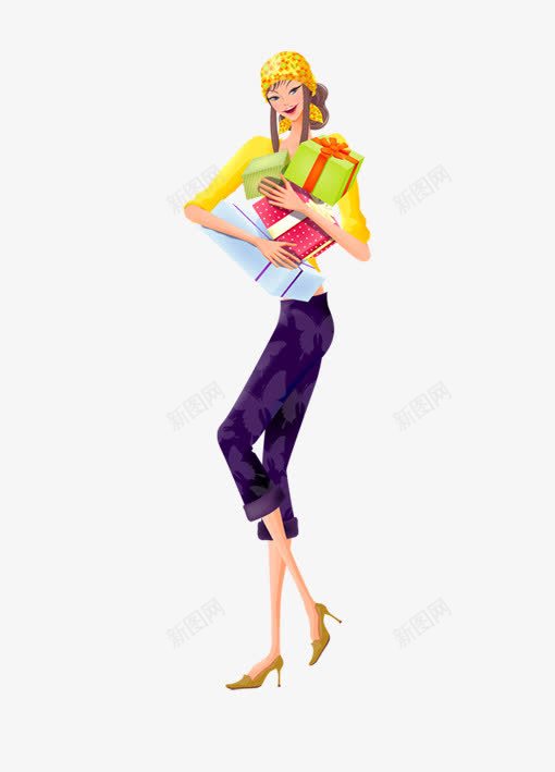 购物的女人png免抠素材_新图网 https://ixintu.com 礼物盒 黄色帽子 黑色裤子