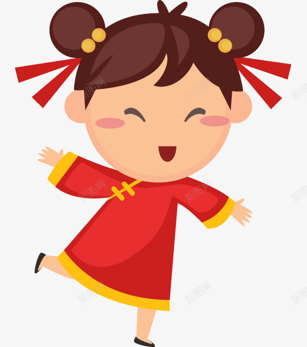 卡通高兴地女孩图png免抠素材_新图网 https://ixintu.com 中国风 卡通 喜庆的 小女孩 红头绳 红色的