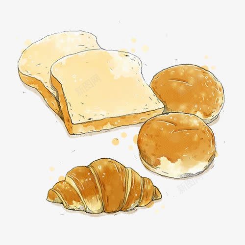 水彩面包psd免抠素材_新图网 https://ixintu.com 切片面包 牛角包 美食 菠萝包