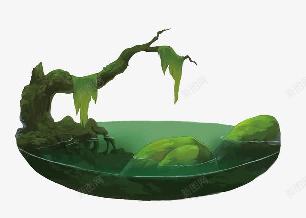 池塘png免抠素材_新图网 https://ixintu.com 卡通 手绘 枯树 水彩 水池 池塘 河边 绿色