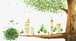 清新手绘城市与树素材