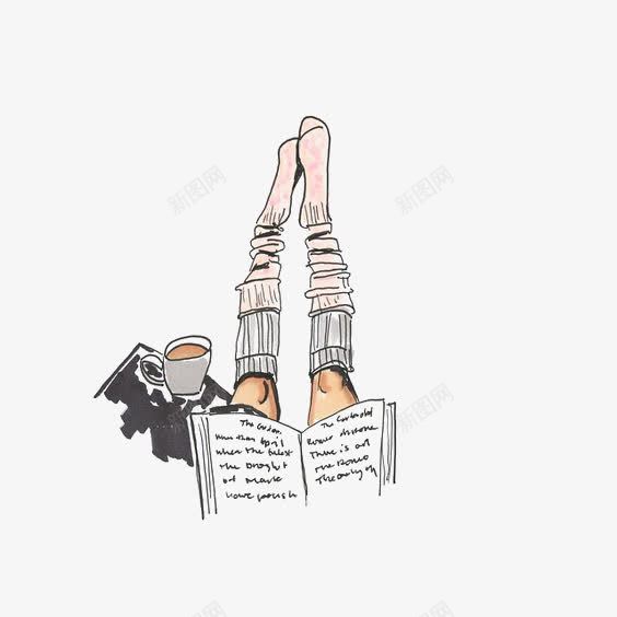 手绘看书的女人png免抠素材_新图网 https://ixintu.com 卡通 咖啡 手绘 插画 腿 读书
