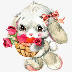 抱玫瑰花和爱心的水彩兔子素材