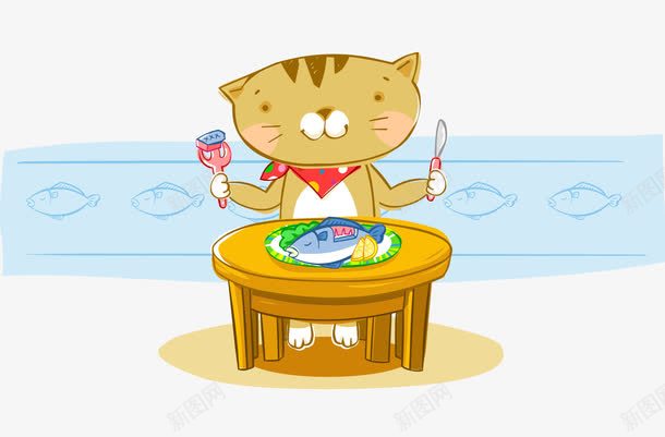 卡通手绘吃鱼猫拿刀叉png免抠素材_新图网 https://ixintu.com 卡通的动物 吃鱼的猫 手绘的猫 拿刀叉的猫 猫吃饭