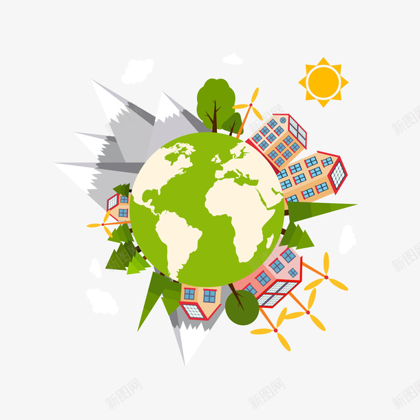 环球能源地球矢量图eps免抠素材_新图网 https://ixintu.com 地球 太阳能 太阳能能源 绿色 绿色地球 能源 资源 风力车 矢量图