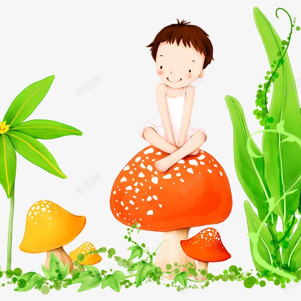 蘑菇上的男孩png免抠素材_新图网 https://ixintu.com 卡通 插画 男孩 蘑菇