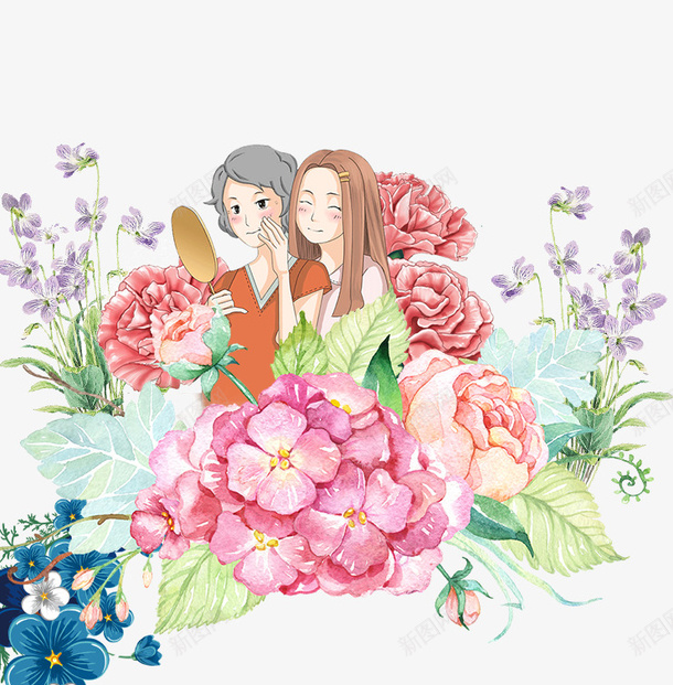 卡通手绘花丛里的母女psd免抠素材_新图网 https://ixintu.com 免抠人物 卡通 手绘 粉色花朵 绿色的树叶 花丛里的母女