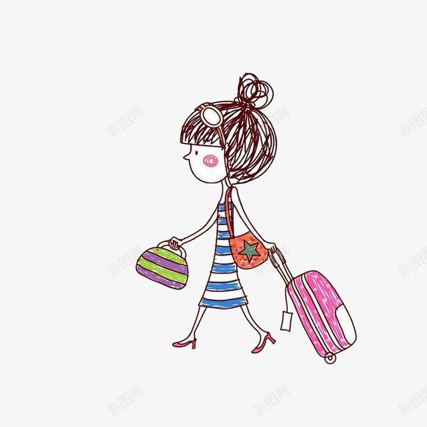 手绘拉行李箱的女孩png免抠素材_新图网 https://ixintu.com 卡通 可爱女孩 手绘拉行李箱的女孩 拉行李箱的人