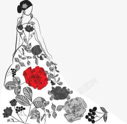 卡通手绘花朵新娘婚纱素材