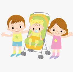 推着行李箱的小男孩推着婴儿车的小男孩和小女孩高清图片