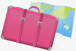 粉红色行李箱子和世界地图素材