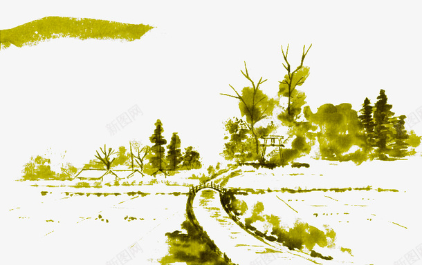 小路和树木png免抠素材_新图网 https://ixintu.com 卡通 图画 小路 手绘 树木 水墨 白色 绿色