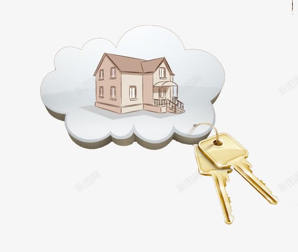 房屋钥匙png免抠素材_新图网 https://ixintu.com 云朵 创意 卡通房屋 金钥匙