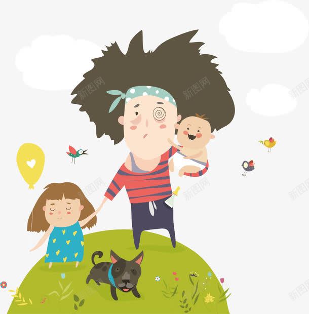 遛狗的一家人png免抠素材_新图网 https://ixintu.com 卡通手绘 婴儿 孩子 小狗 小鸟 植物 水彩 绿色 草地