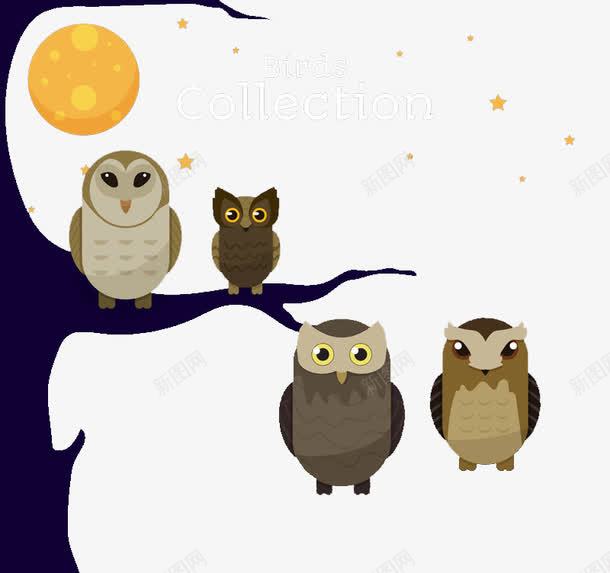 4只站在树枝上的猫头鹰png免抠素材_新图网 https://ixintu.com 星星 月亮 树枝 猫头鹰