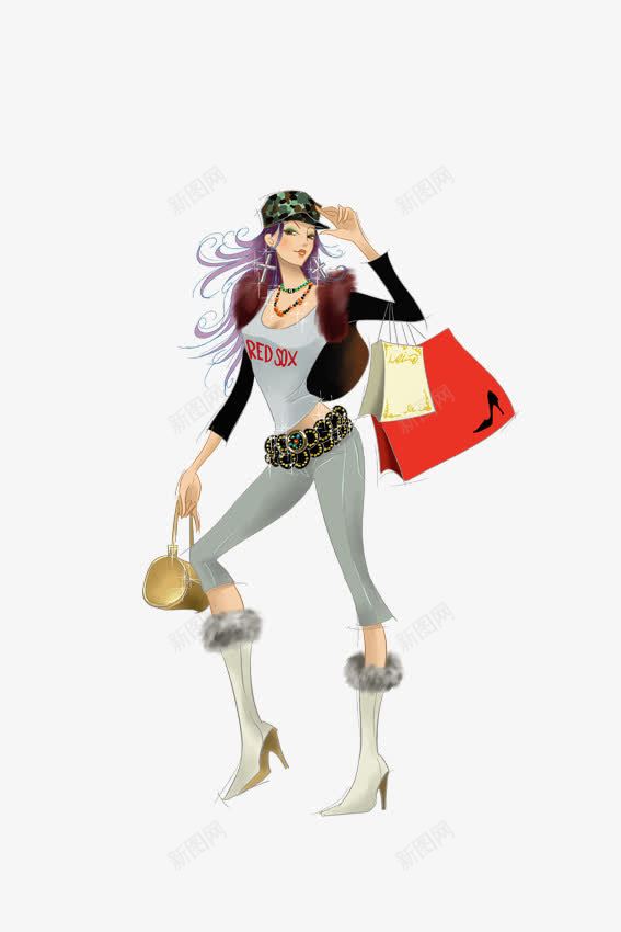 时尚女人png免抠素材_新图网 https://ixintu.com 卡通包包 卡通时尚女人 卡通购物袋 手绘卡通时尚女人 时尚女人