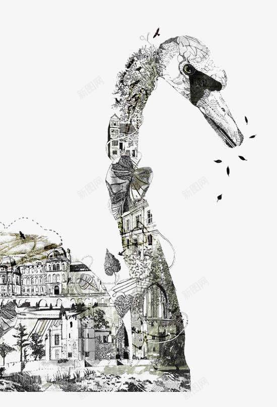 创意大鹅png免抠素材_新图网 https://ixintu.com 创意 卡通 城镇 天鹅 房子 手绘 插画