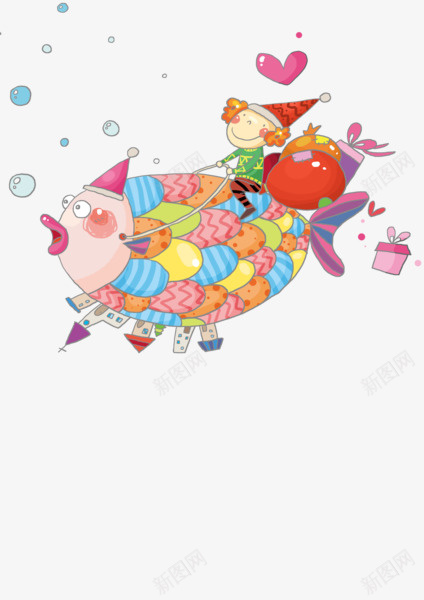 骑鱼的小孩png免抠素材_新图网 https://ixintu.com 儿童 卡通 房子 鱼