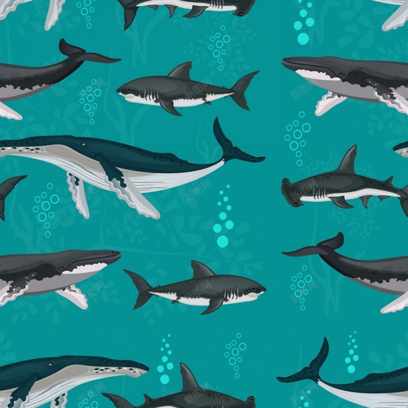 创意鲨鱼鲸鱼无缝矢量图矢量jpg设计背景_新图网 https://ixintu.com 矢量