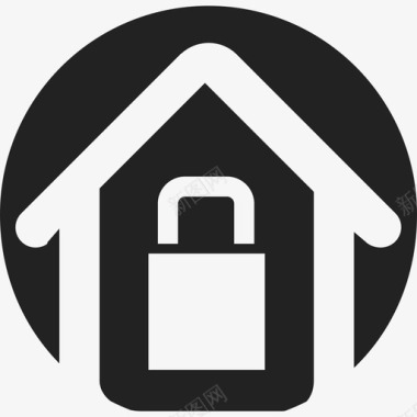 黑色圆形背景上带锁轮廓的房子建筑物温馨的家图标图标
