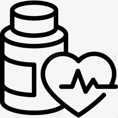 药瓶轮廓和心脏与生命线医疗体操图标图标