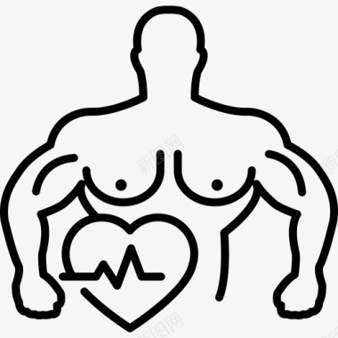 肌肉发达的男性轮廓与心脏和生命线人体操图标图标