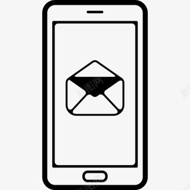 在屏幕界面移动电话上带有电子邮件信封打开符号的手机轮廓图标图标