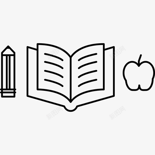 铅笔与一本打开的书和苹果剪影教育几笔图标svg_新图网 https://ixintu.com 几笔 教育 铅笔与一本打开的书和苹果剪影