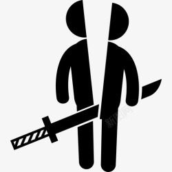 一个剑用一把剑穿过中间的肮脏的图标把一个人的形状切成两部分高清图片