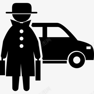 犯罪分子正面站着两个手提箱上面盖着帽子和外套后面还有一辆车图标图标