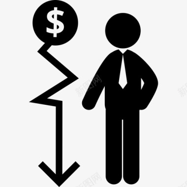 下降金钱箭头图形和一个商人人类象形图图标图标