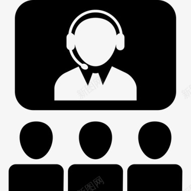 带耳机的操作员通过屏幕上的图像投影业务创业图标与观众交谈图标