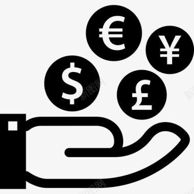 金融符号一只手上有四种货币金融填充图标图标