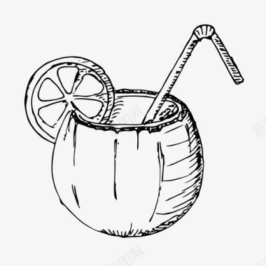 鸡尾酒椰子素描图标图标